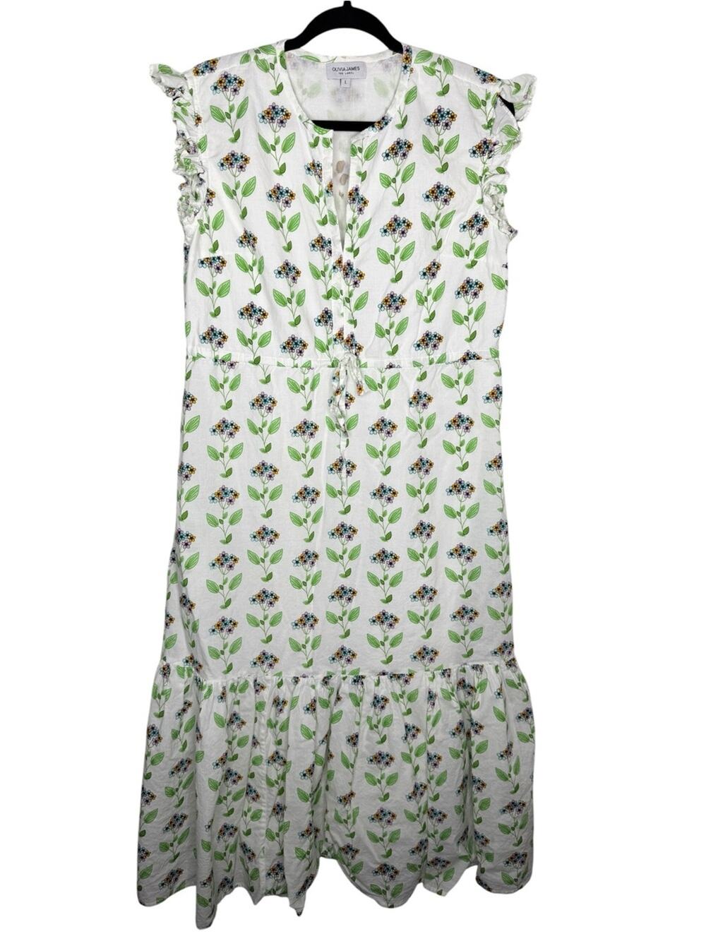 OLIVIA JAMES / green white floral printed 100% cotton midi dress / L